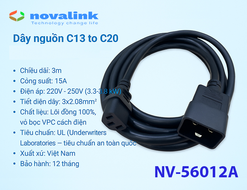 Dây nguồn C13 C20 3m Novalink NV-56012A | Cáp UPS, PDU, Server cao cấp